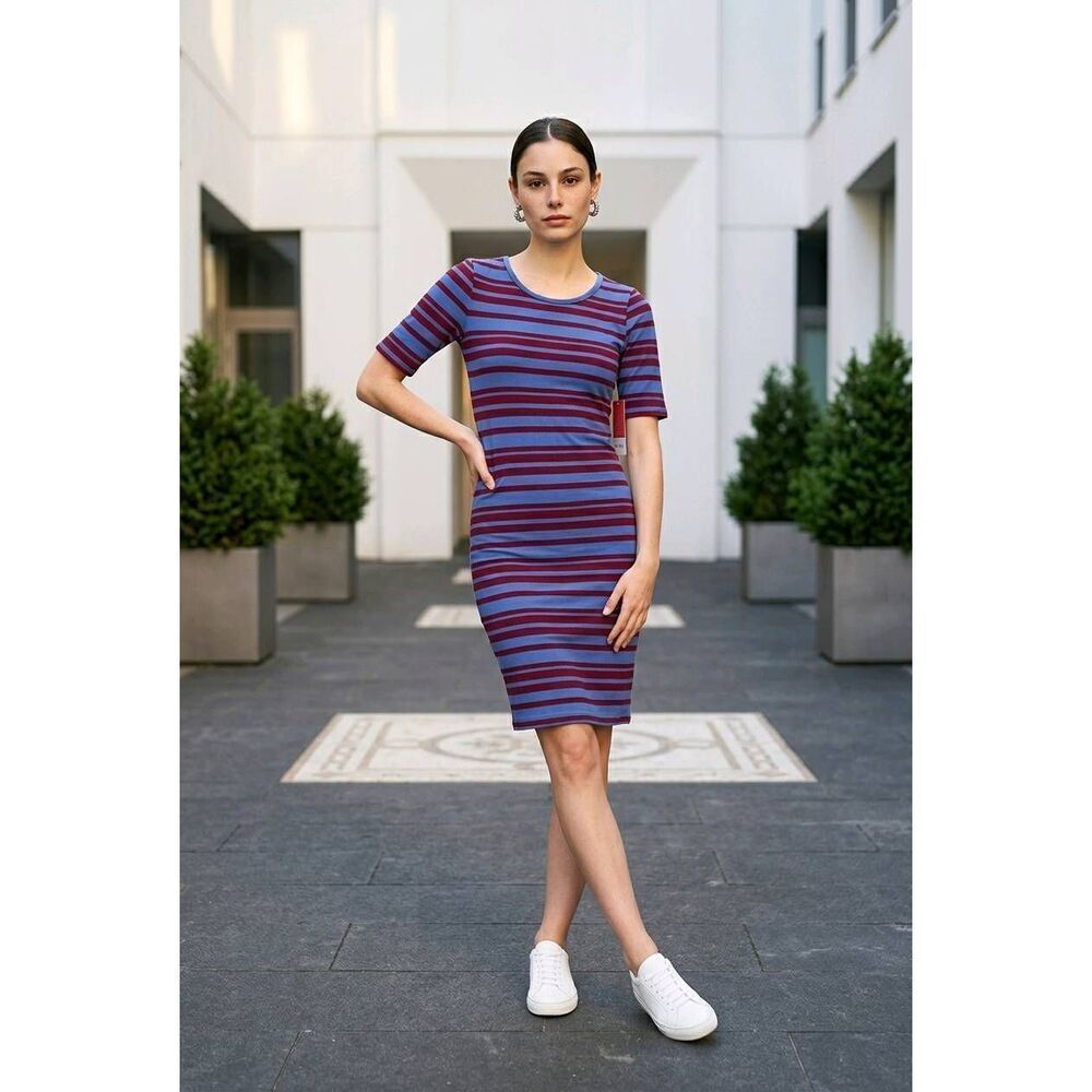 🔹️NWT LuLaRoe Blue & Red "Julia" Fitted Striped Short Sleeve Dress Medium
